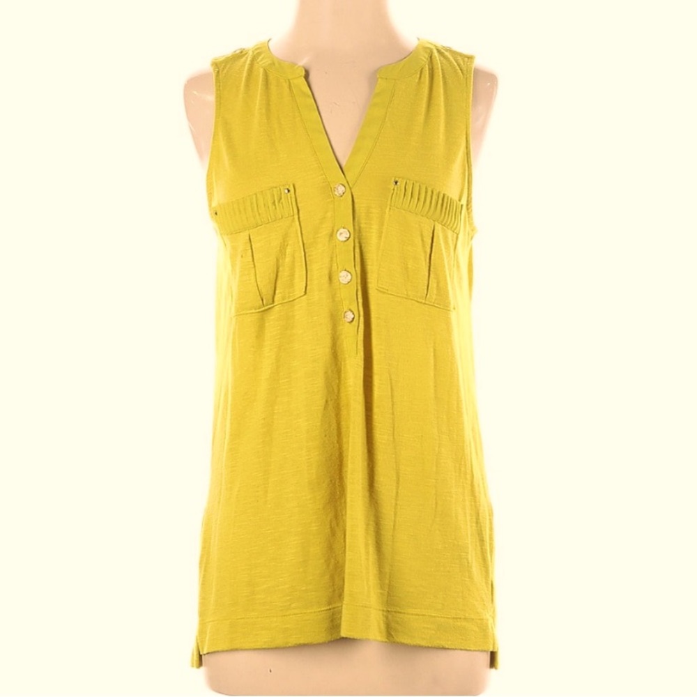 WHBM White House Black Market Sleeveless Yellow Green Blouse Gold Buttons Size M